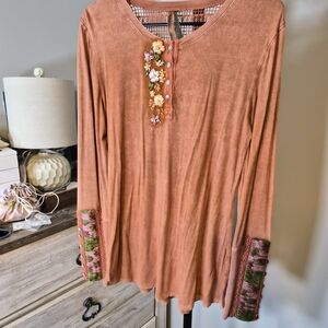 Floral Embroidered Long Sleeve Blouse - Peach orange NWOT